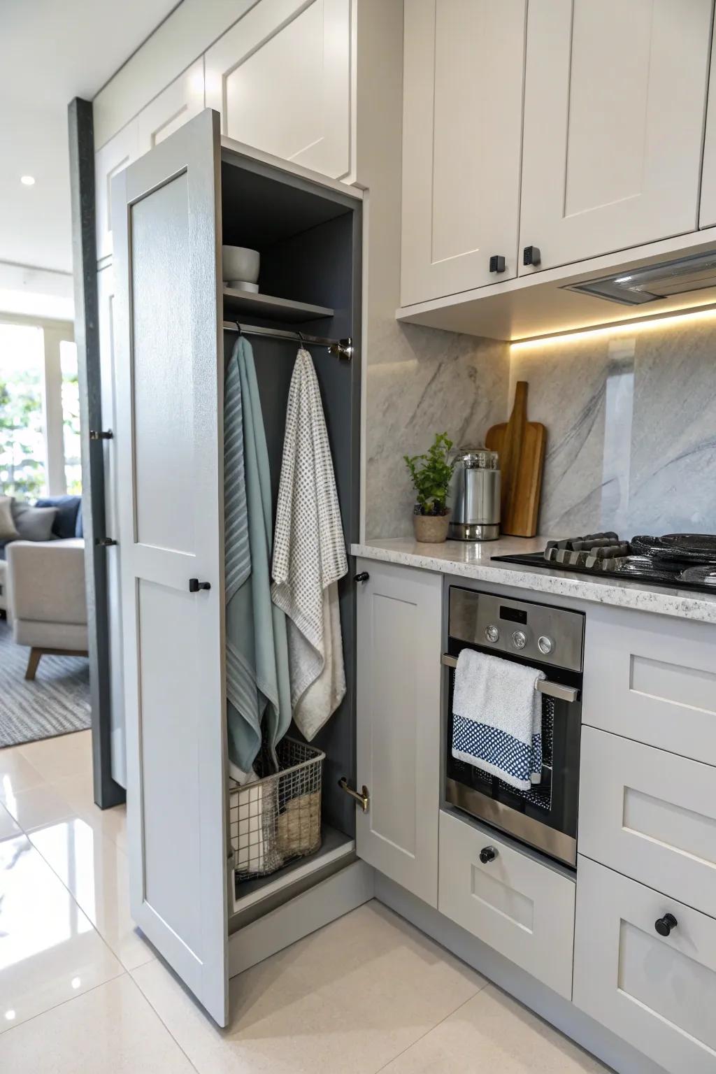 Maintain concealed yet reachable towels by hanging them within cupboard panels.
