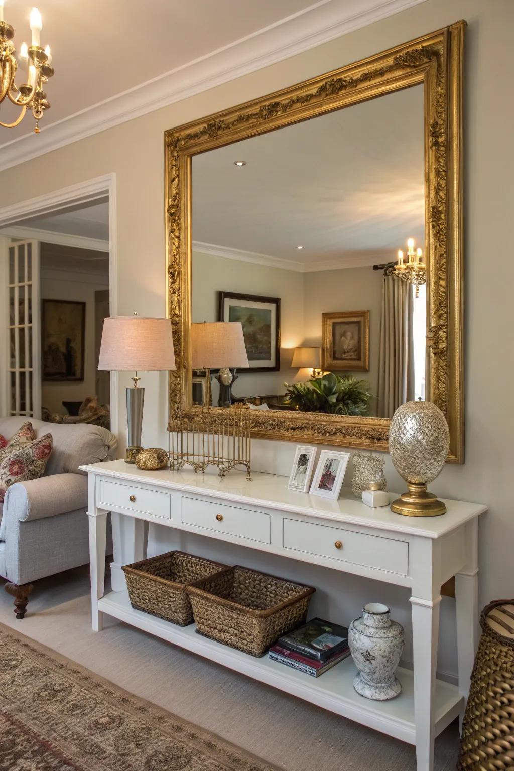 Gilded-edged mirrors offer a touch of class and expand the room.
