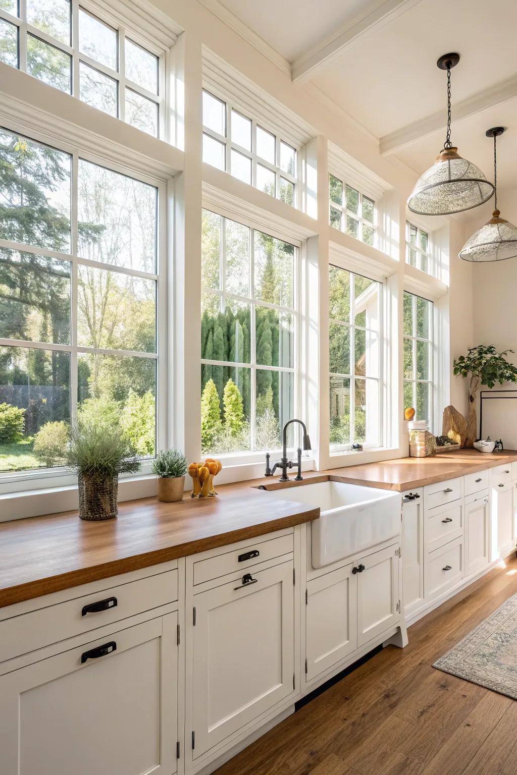 Sunlight cascades into a kitchen, emphasizing the allure of ivory and timber.