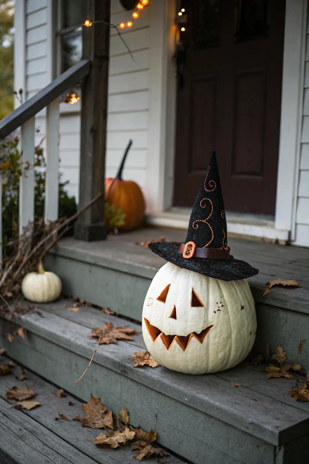 An enchanting themed pumpkin with a witch hat, ready to charm visitors.