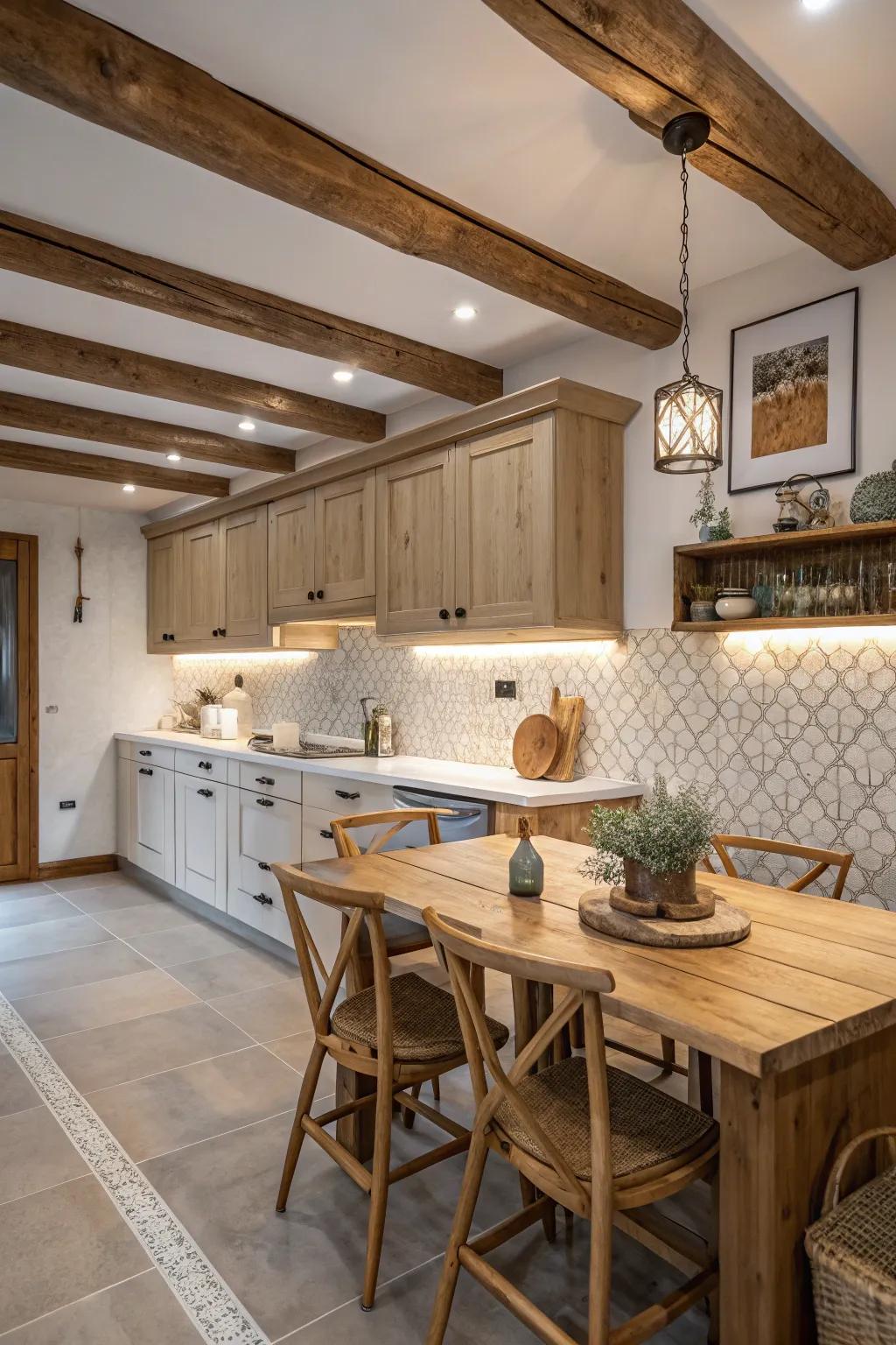 Kitchen displaying a muted stone composite backsplash for a softer visual.