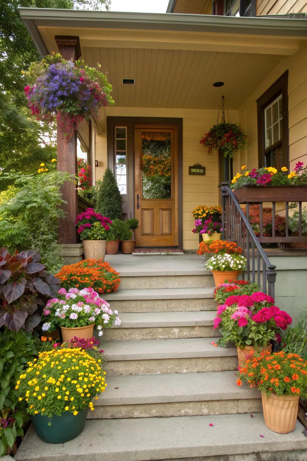 Greenery infuses porch steps with vibrancy and hue.
