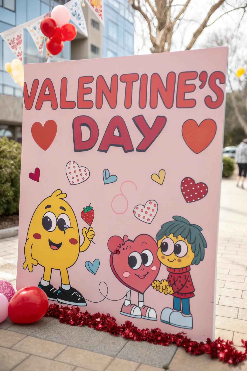A cheerful Valentine's poster featuring humorous puns and lively cartoon drawings.
