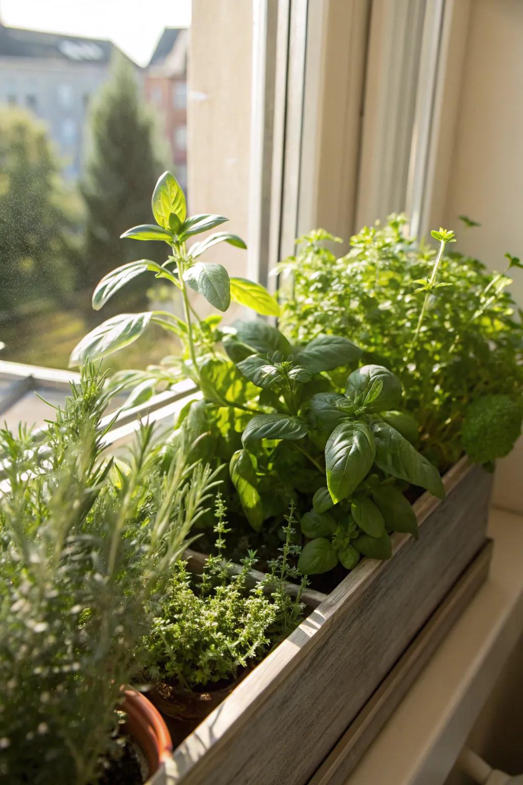 A window box flourishing with fresh herbs, blending practicality and aesthetic appeal