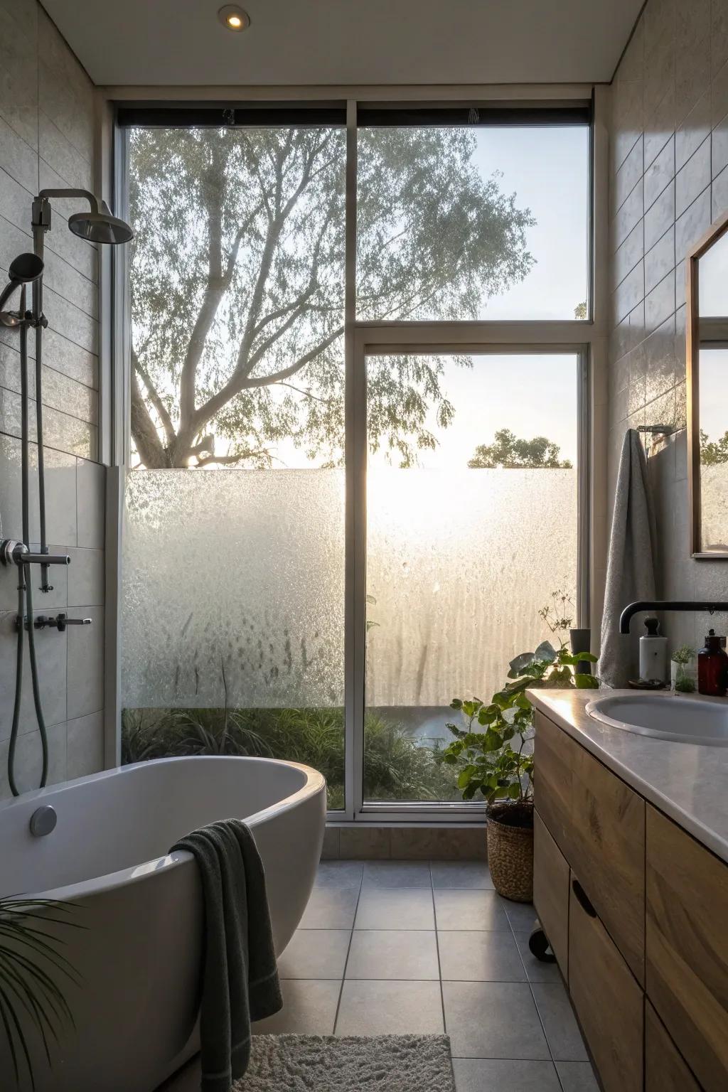 A shower outfitted with a misted glass window, delivering privacy while welcoming delicate natural light.