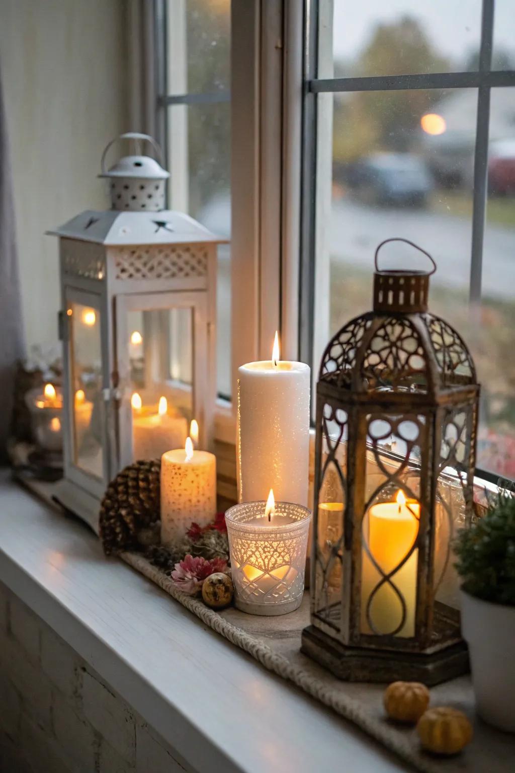 Candles and vintage lamps spreading a cozy glow on a windowsill.