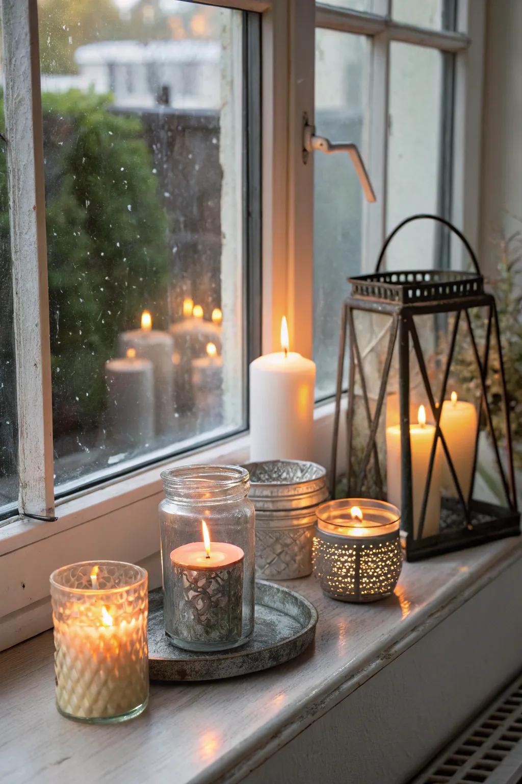 Candles nestled on the windowsill conjure a tranquil and comforting atmosphere.