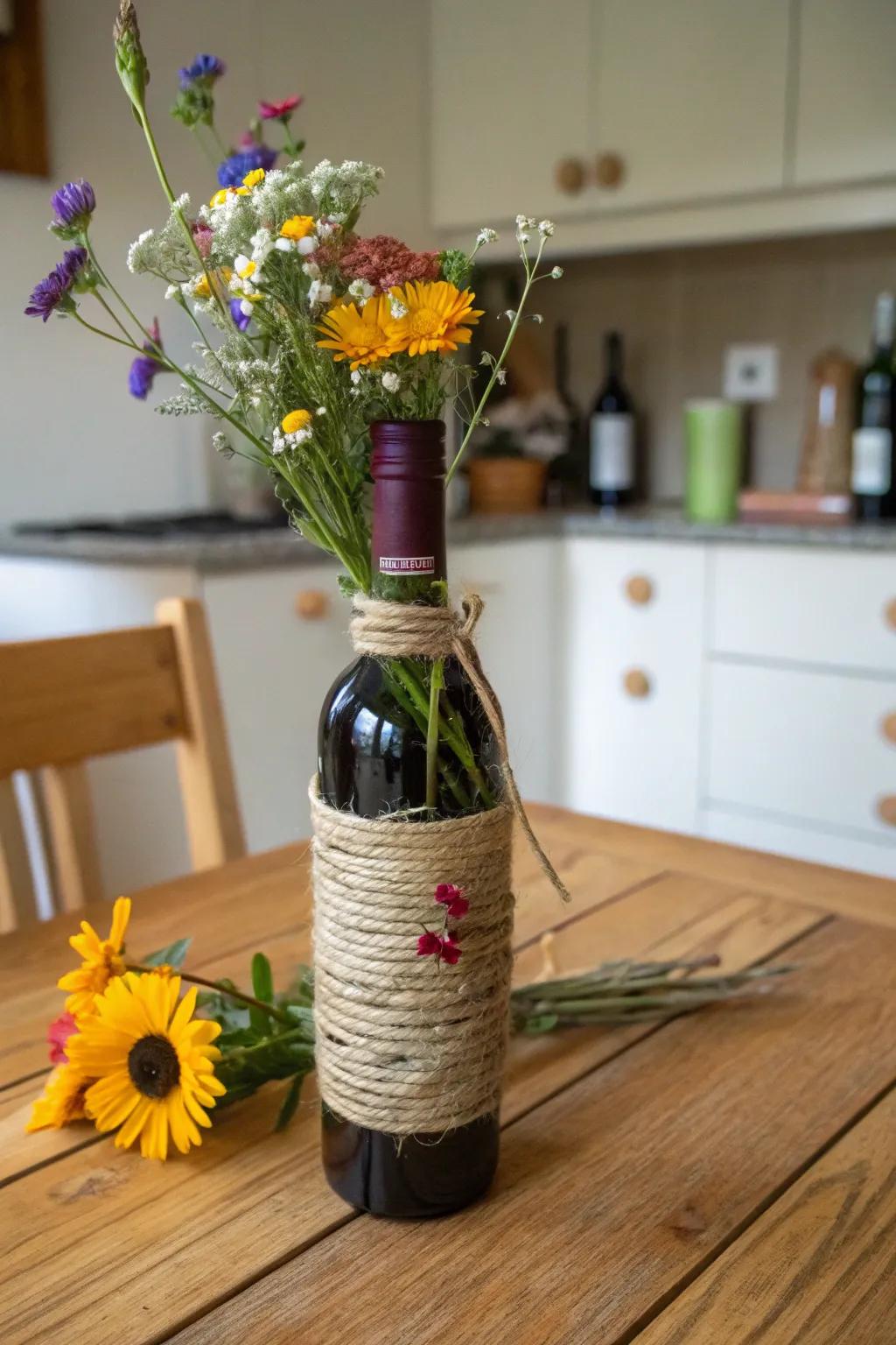 Rope-wrapped wine bottles introduce a rustic element to any setting.