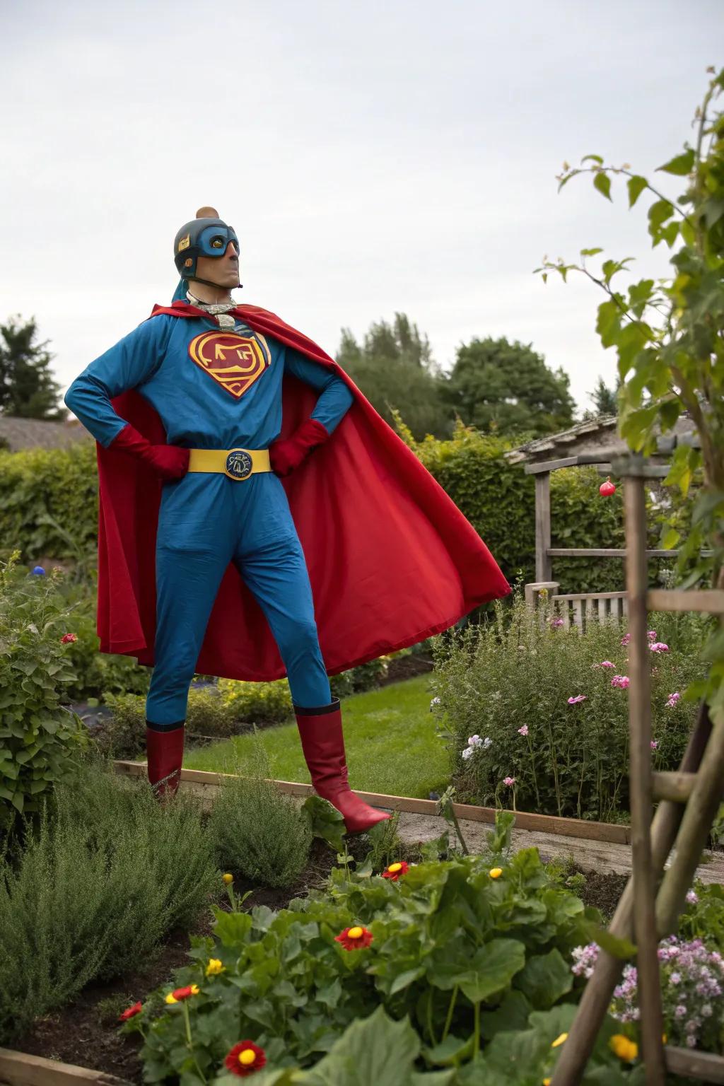 A scarecrow superhero, vigilant against any garden adversities.