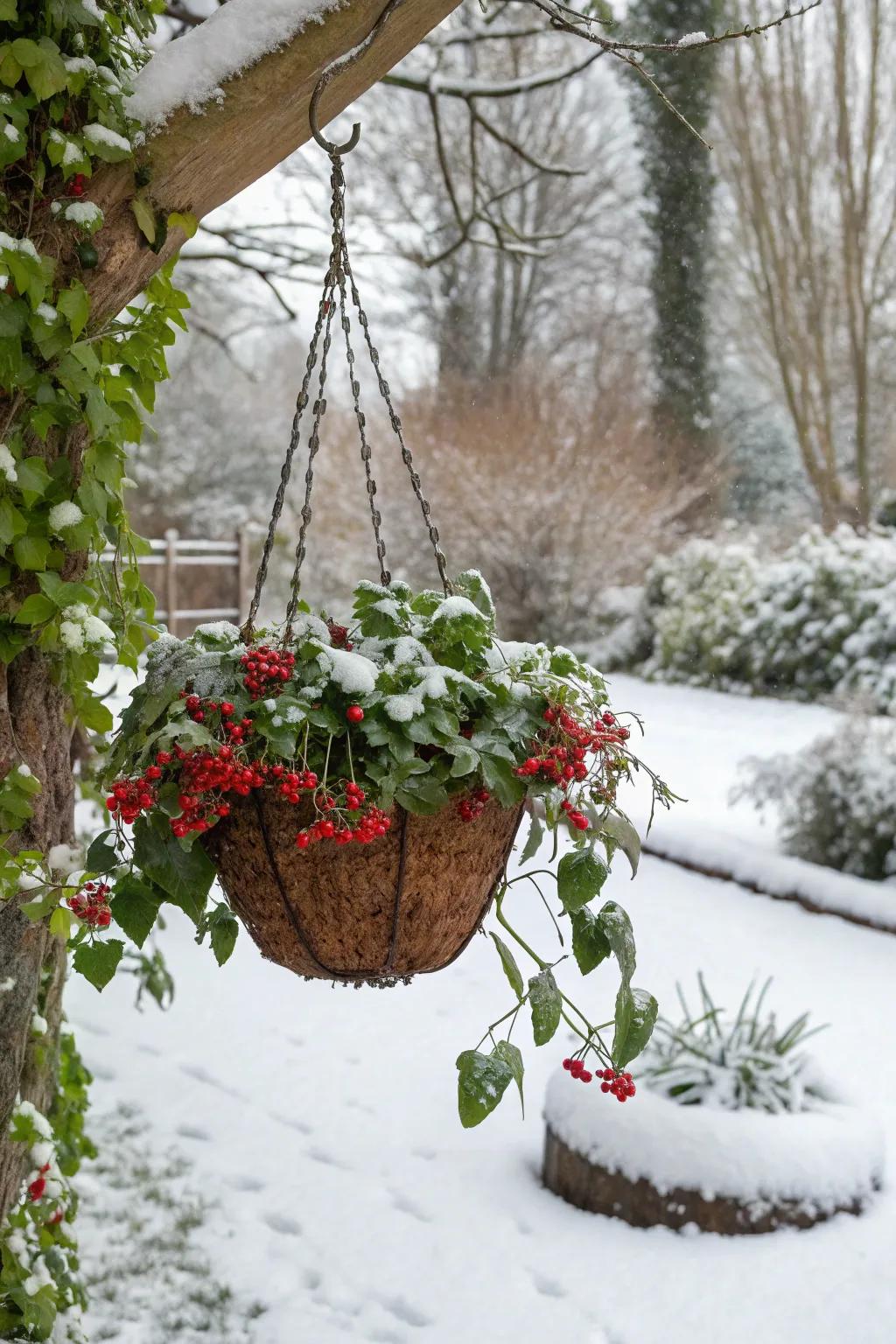 Red berries impart a festive essence to winter arrangements.