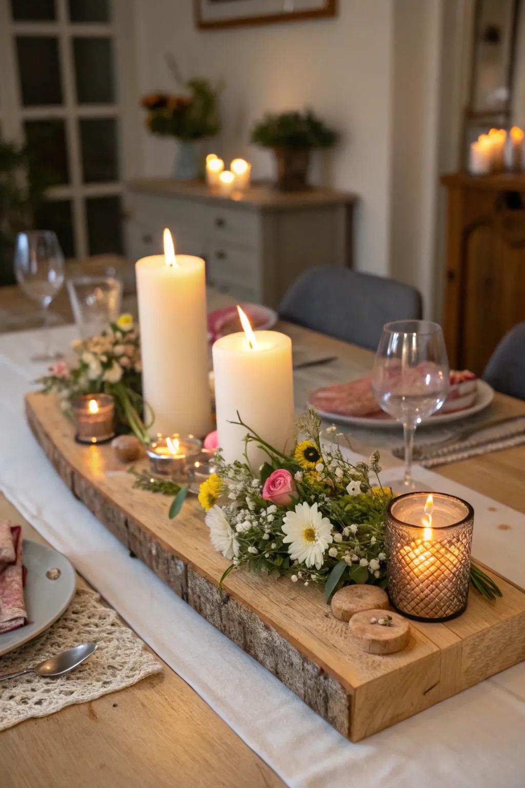 Transform your dining area with a rustic wood board centerpiece.