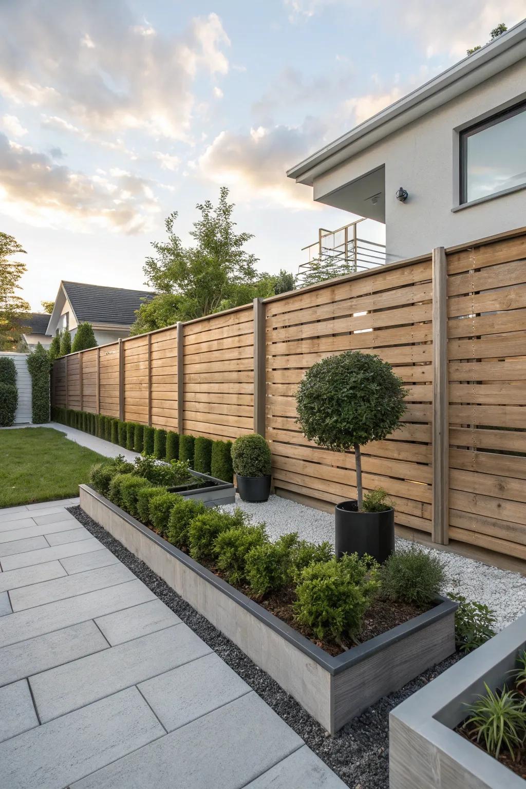 Horizontal slat fences introduce contemporary refinement to every outdoor setting.