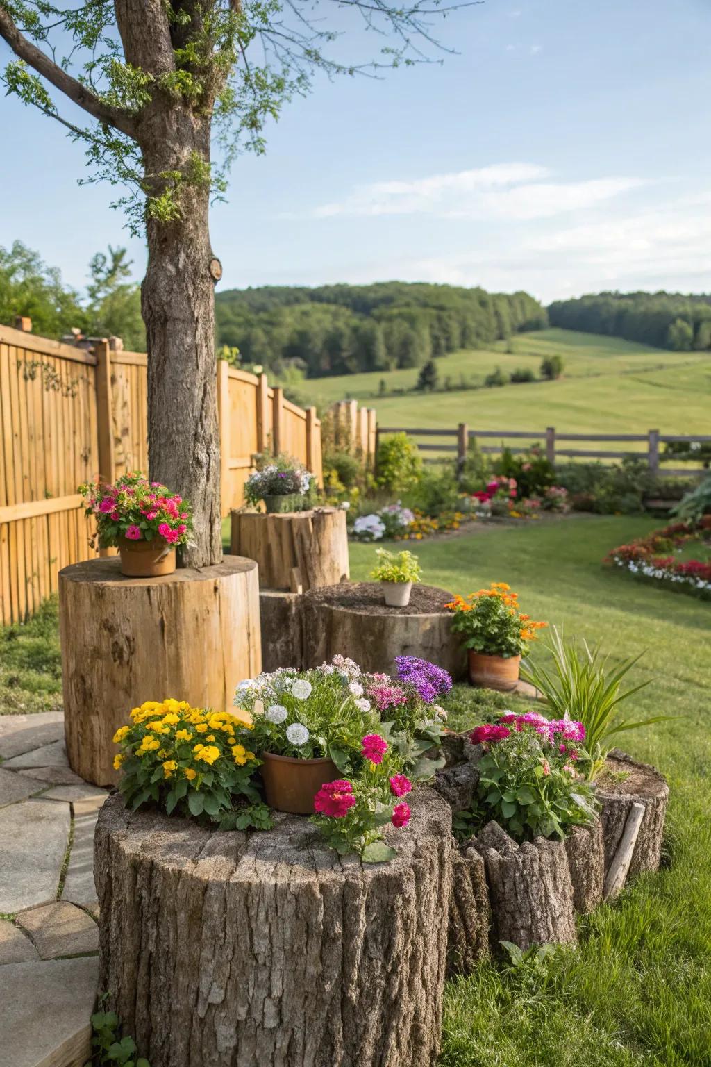 Evoke a natural allure with wood and stump planters.