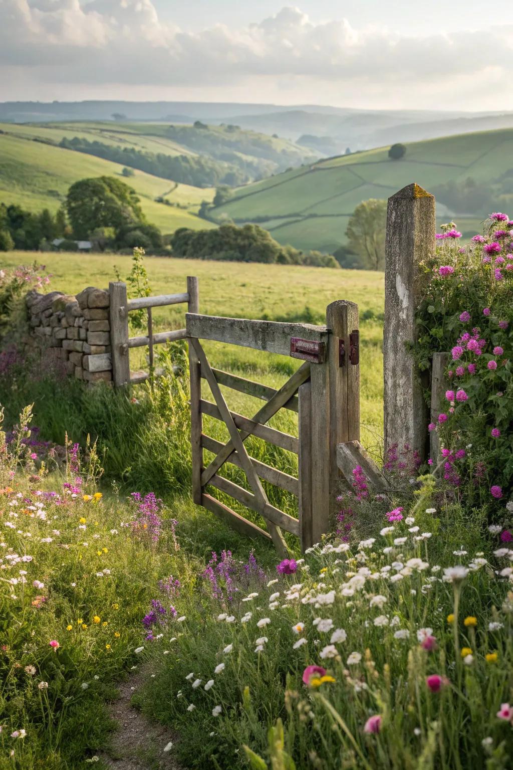 A rustic farmhouse gate delivers a warm, welcoming ambiance.