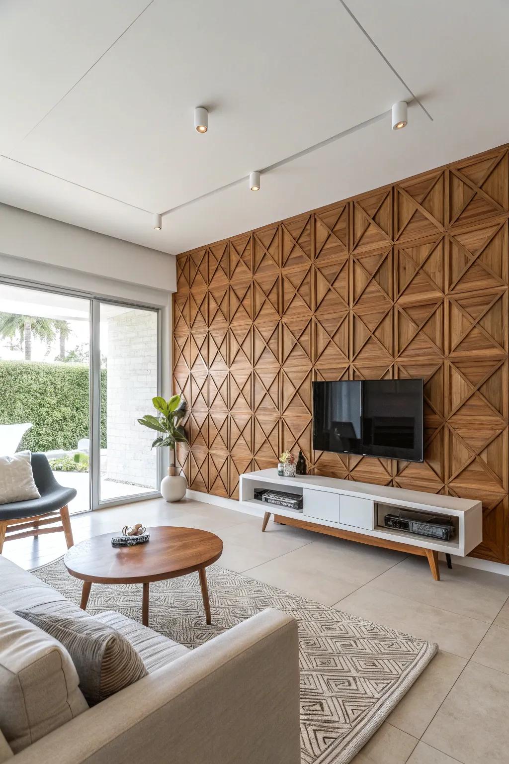 Angular wood paneling introduces a modern twist to any area.