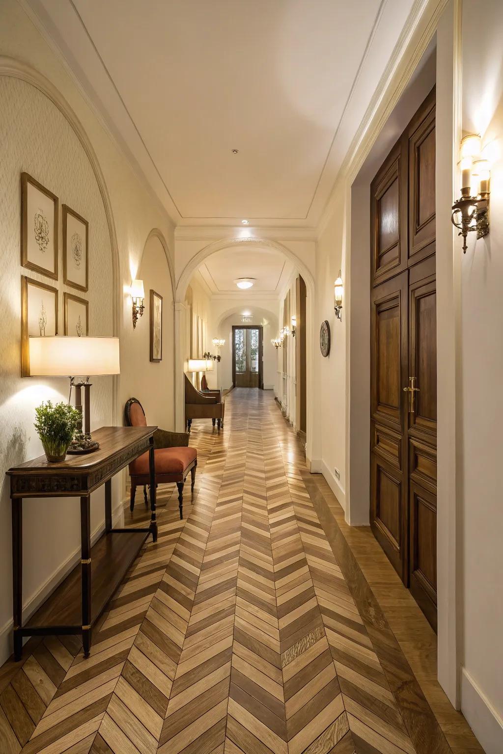 A stylish entryway enhanced by a striking chevron wood pattern floor.
