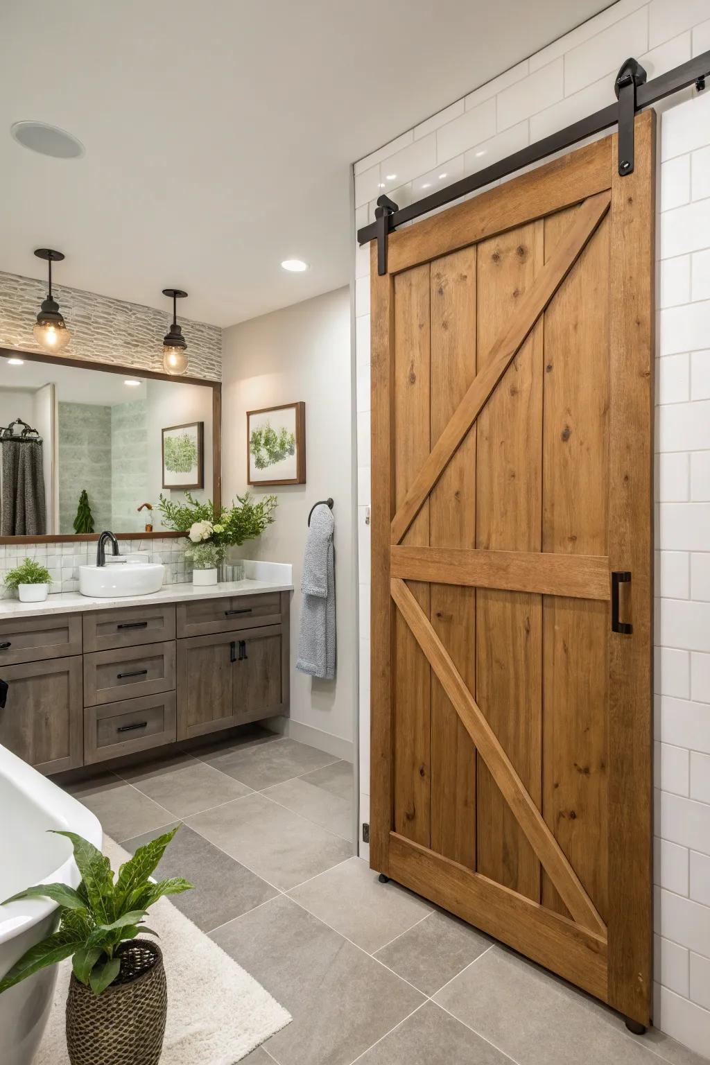 Gliding farmhouse-style doors lend a country-style sophistication to any bathroom.
