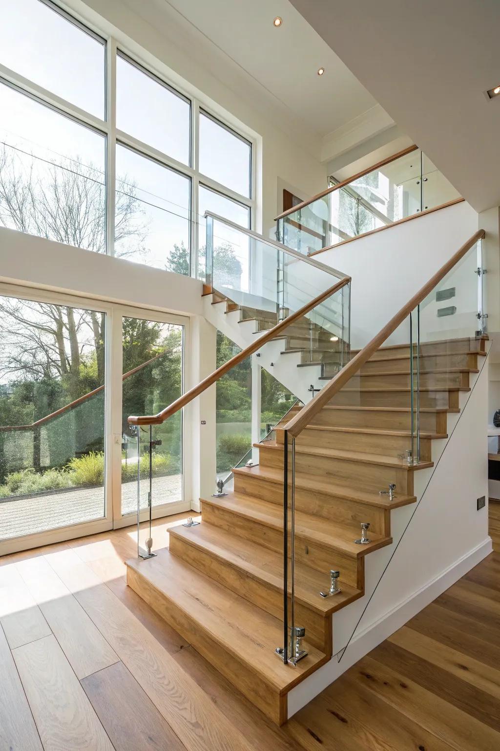 Elegant modernity: wood and glass railing.