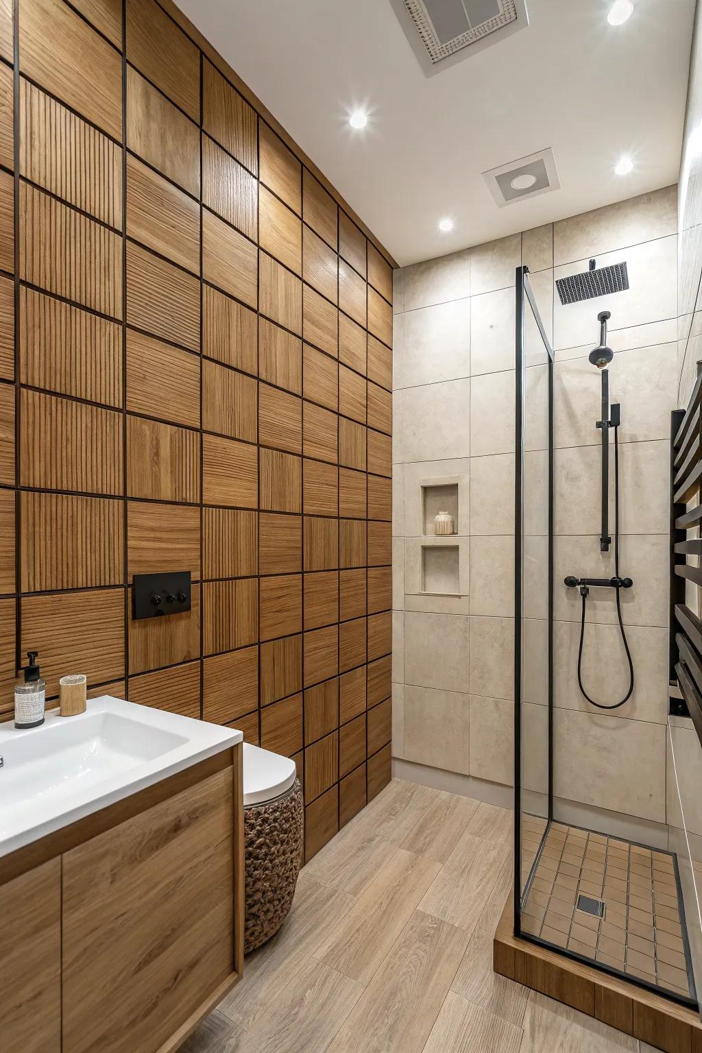 A contemporary bathroom with rectangular wood paneling accentuating the area.