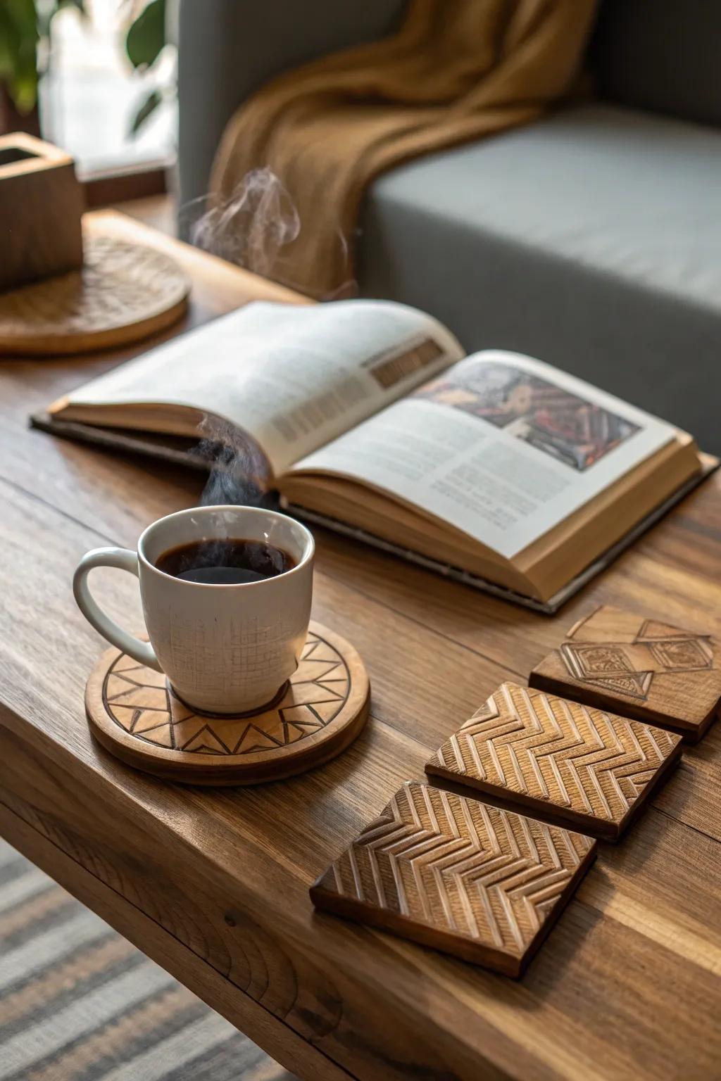 Artisanal timber drink mats impart elegance to any dining experience.
