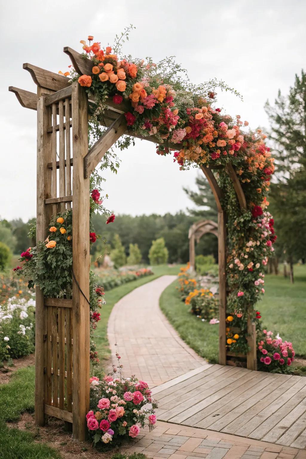 A timber arch, beautifully adorned with vibrant flowers, sets the stage for a garden romance.