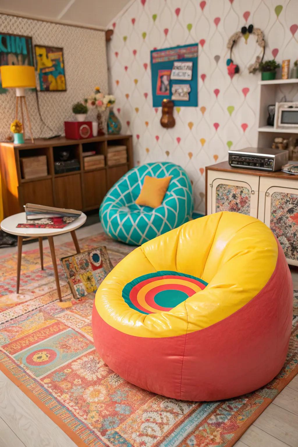 Retro furniture like air-filled seats is essential for a Y2K-inspired area.