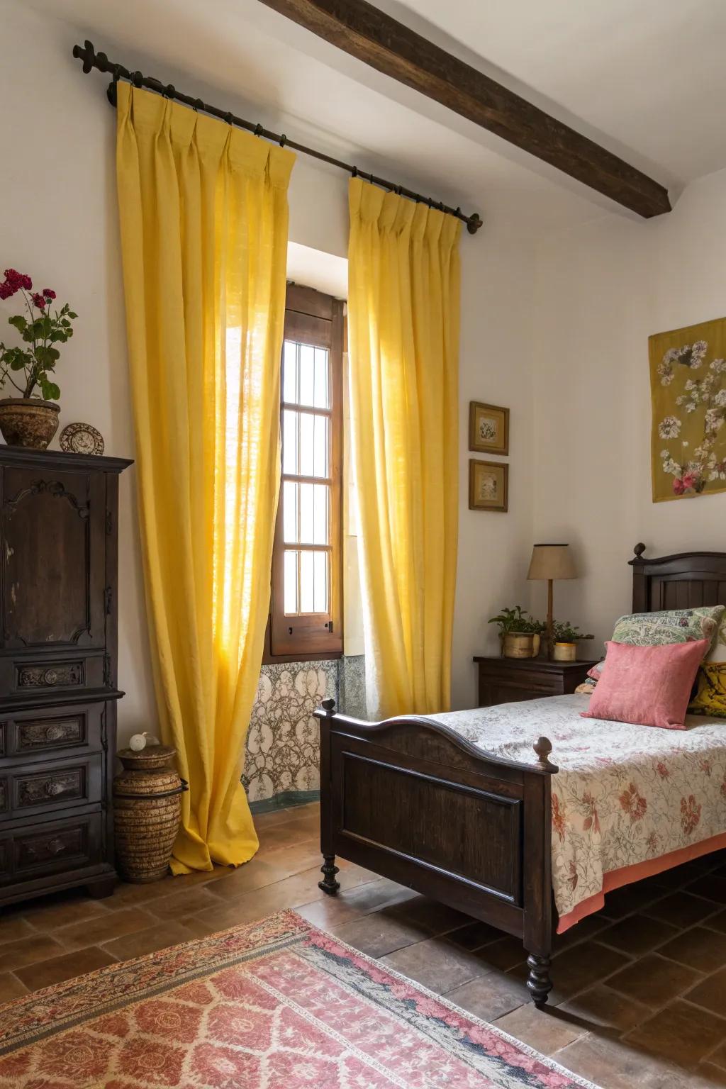 Yellow curtains matched with dark furniture create an eye-catching contrast in the bedroom.