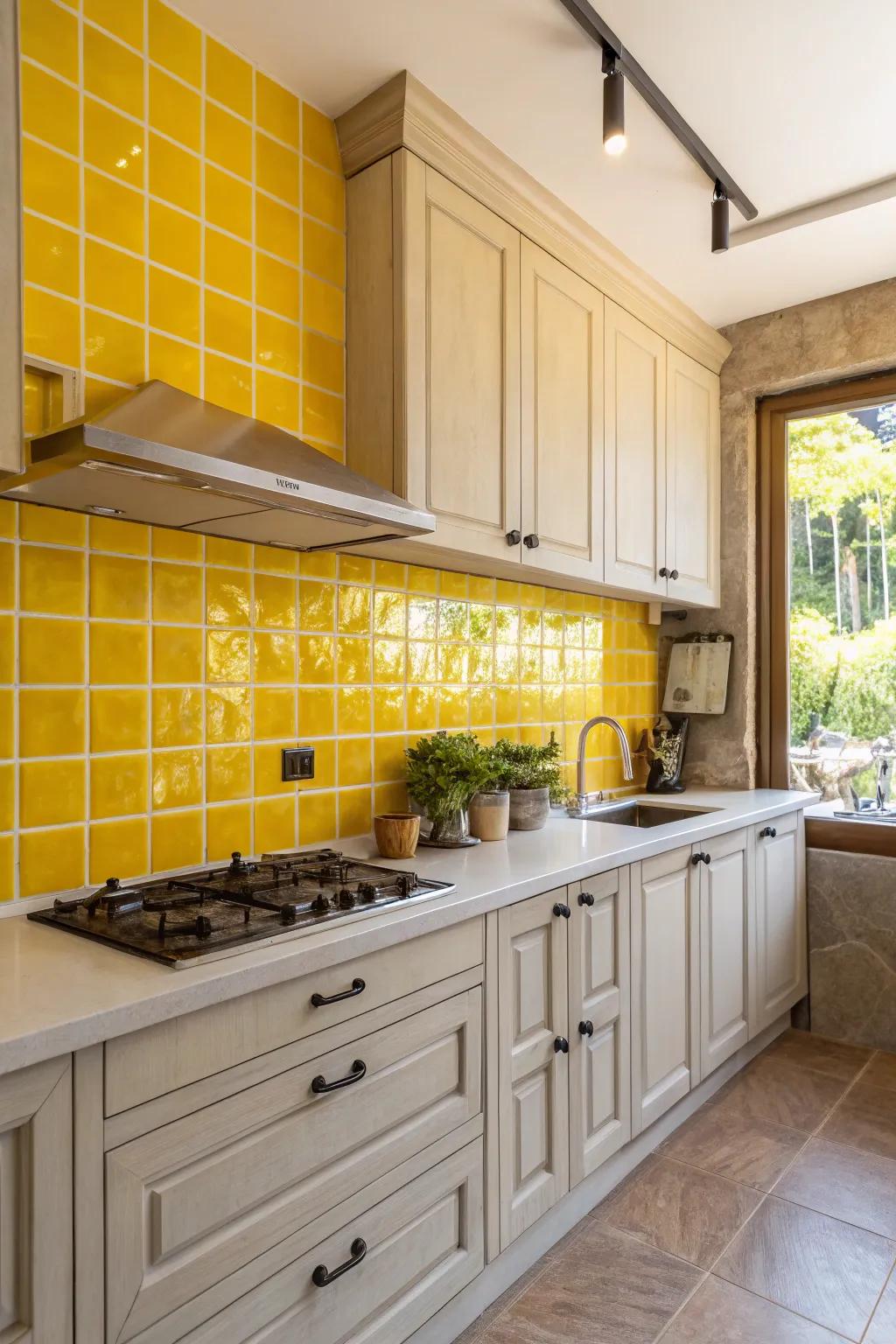 A daring yellow backsplash brings a vibrant touch.