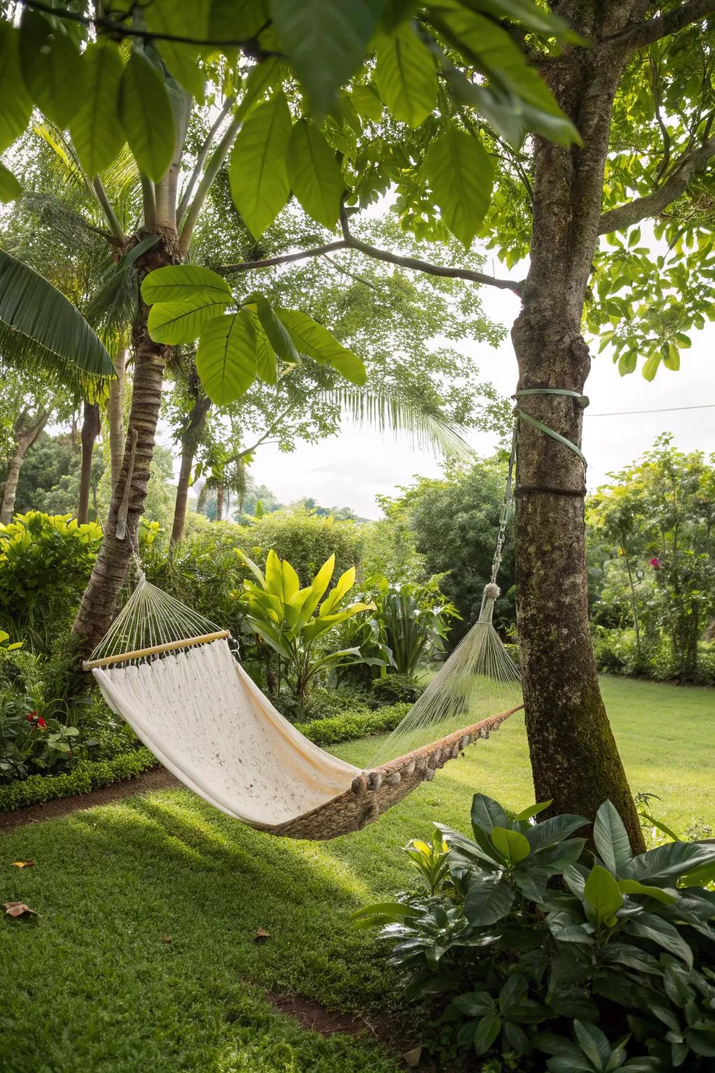A peaceful swinging bed haven for unwinding and daydreaming.