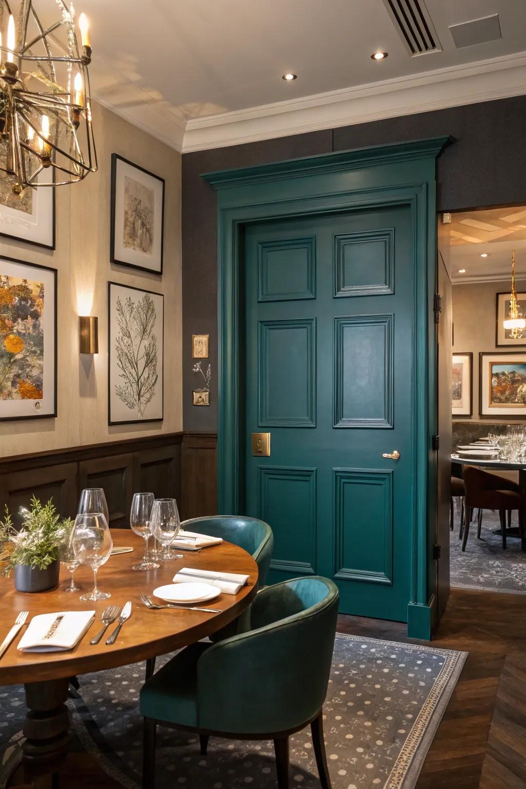 A deep teal 6-panel door adds sophistication to any stylish dining room.
