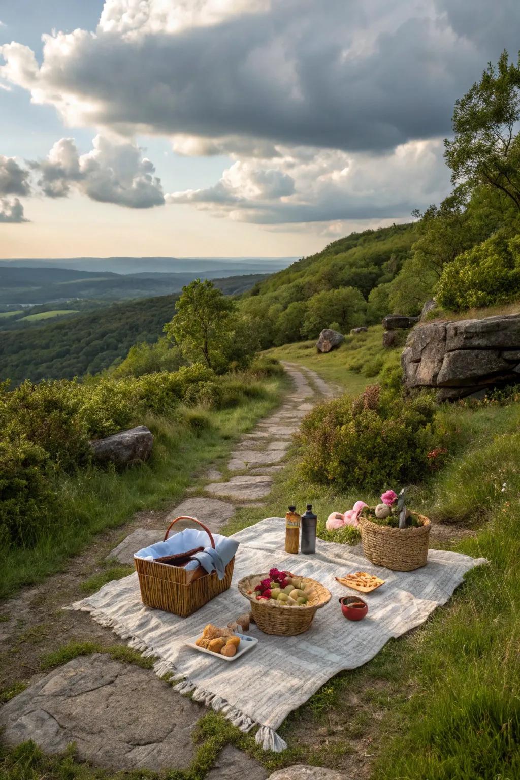 A serene outdoor stroll and meal arrangement in a scenic destination.