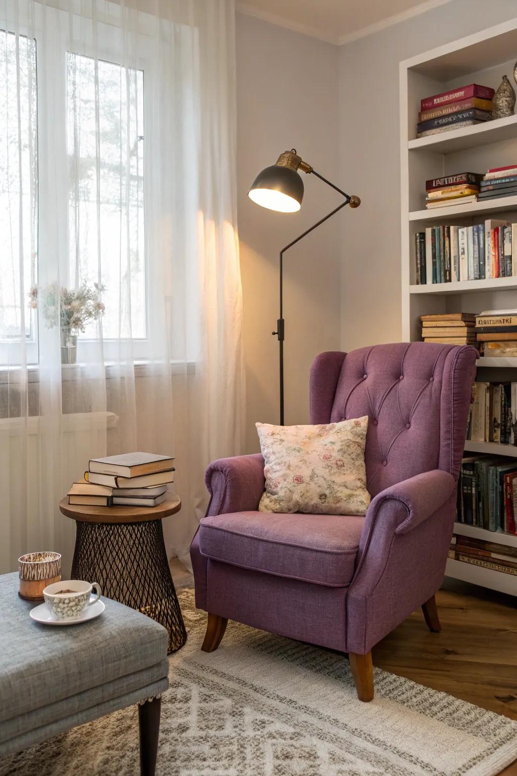 Forge a serene escape with a violet reading spot.