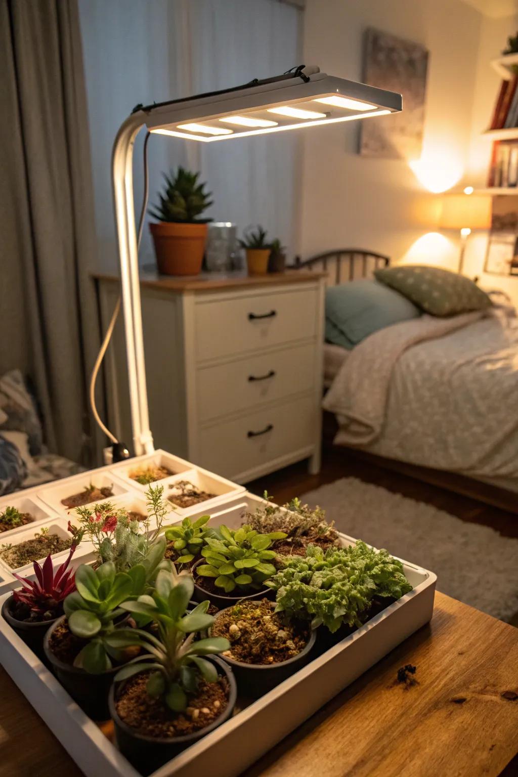 Under-bed grow lights injecting a whimsical element into a boudoir.