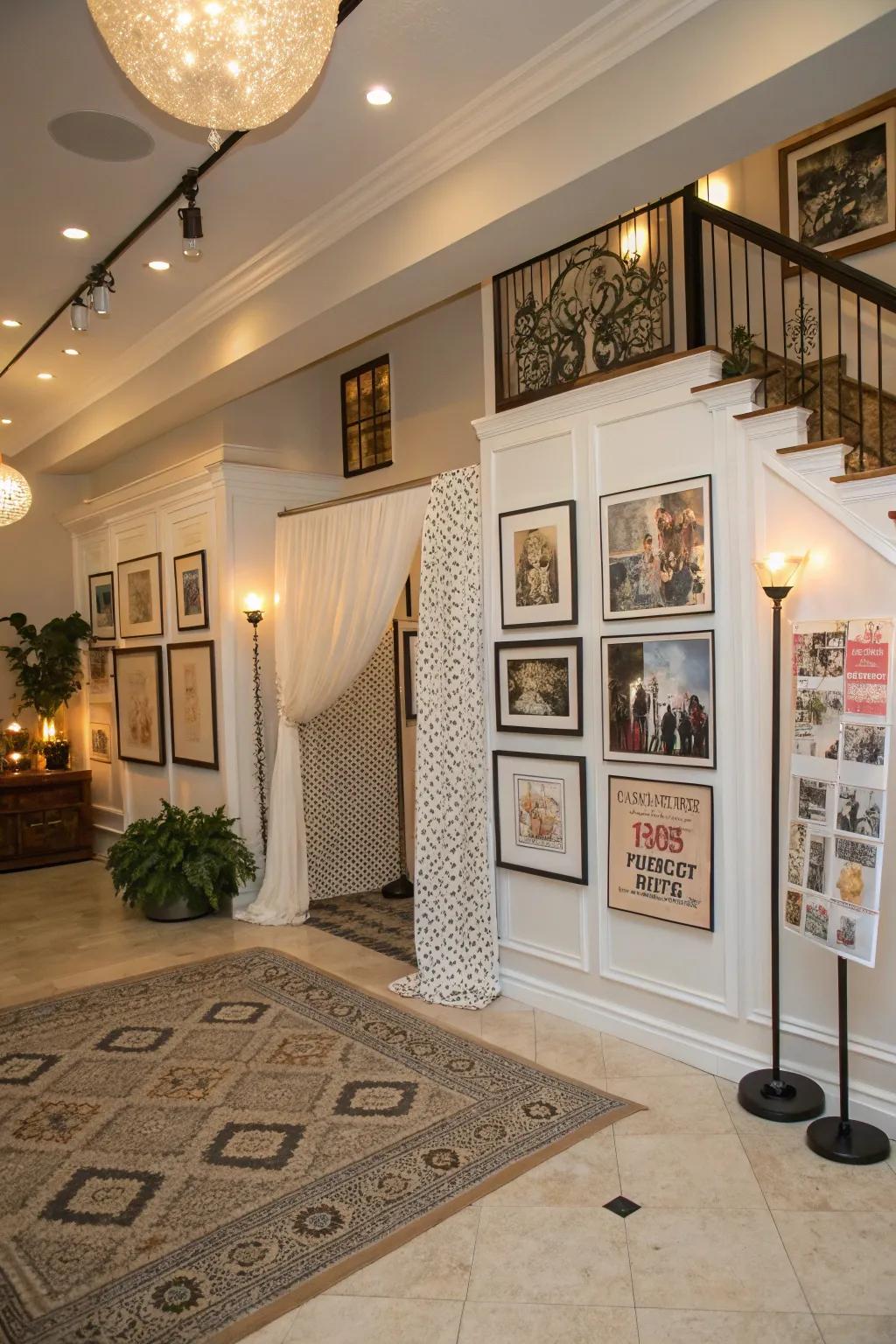 Introduce artistic elegance with a backdrop of art prints.
