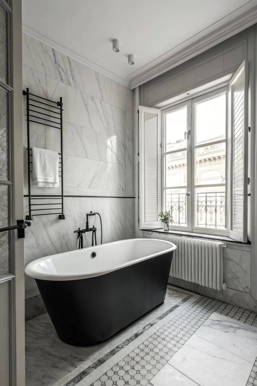 A monochrome scheme designs contemporary elegance in the bathtub area.