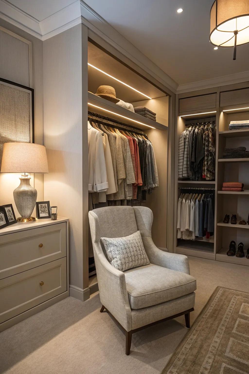 A sitting area that allows you to relax is the last word in closet luxury.