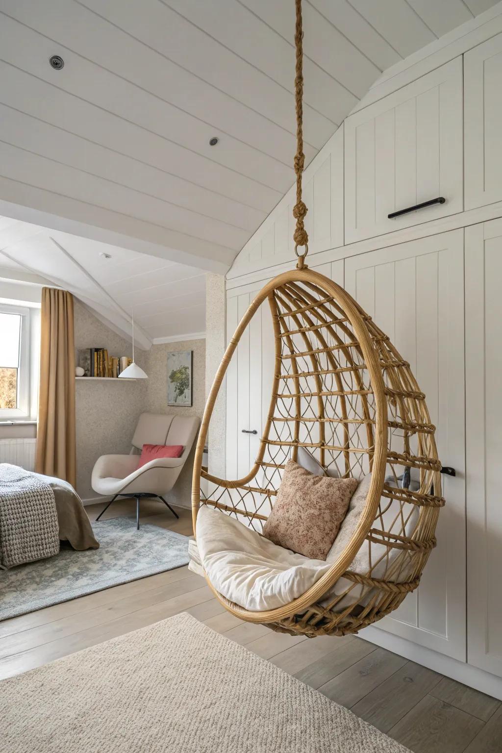 A hanging seating in a sleeping quarters, adding a whimsical and functional seating solution.