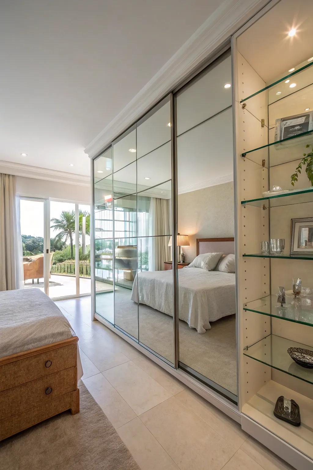 Glass shelves introduce an airy and spacious sensation to bedroom decor.