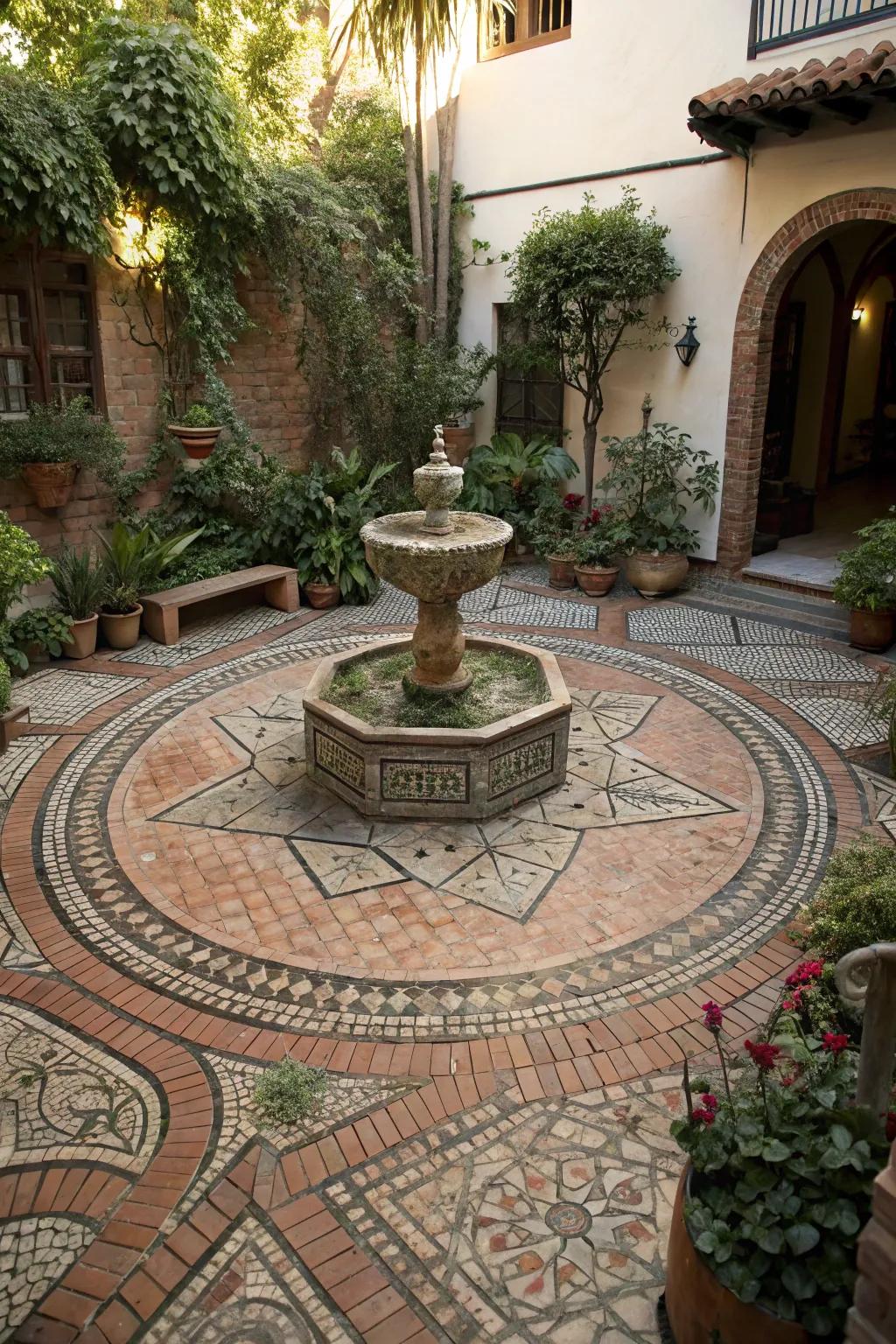 Mosaic rock patterns create captivating and artistic outdoor centerpieces.