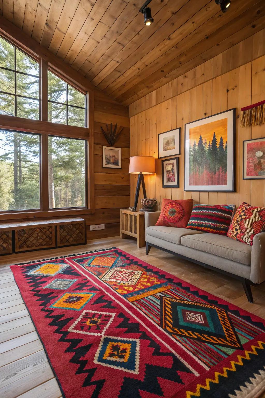 Bold design elements infuse the cabin's decor with dynamic charm and character.