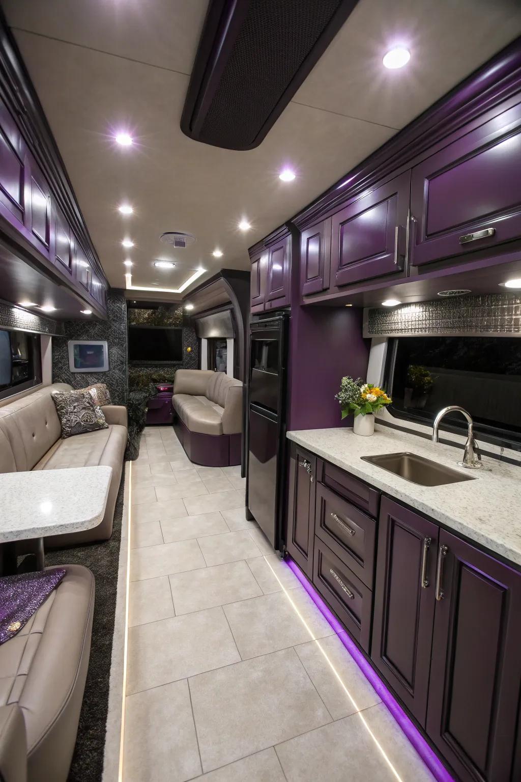 Dark purple cabinets add drama and sophistication.
