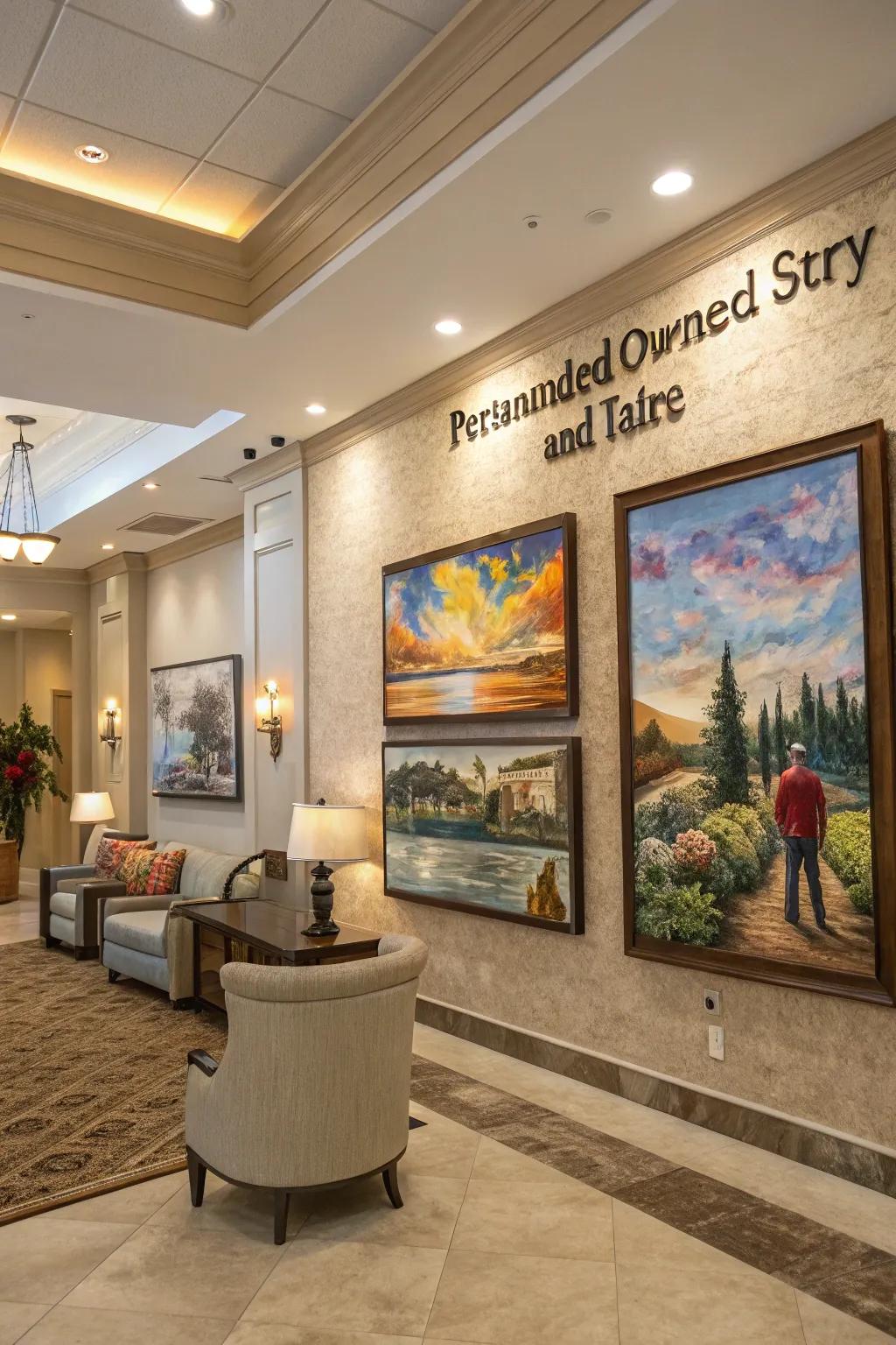 Personalized art adding uniqueness and meaning to the entrance hall.