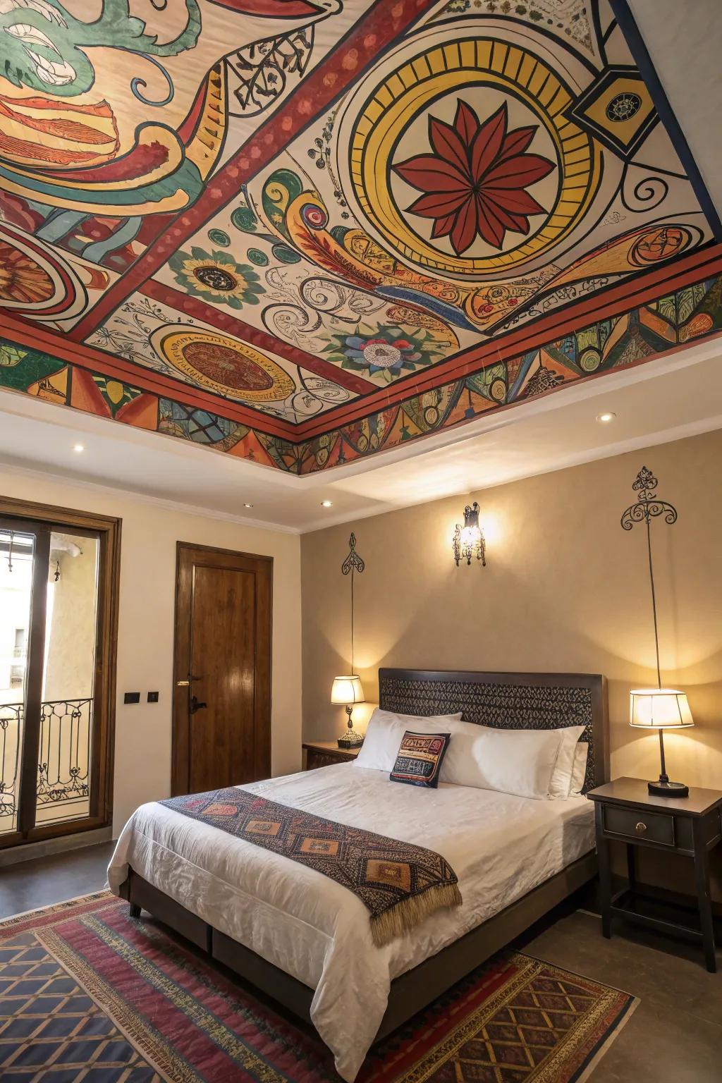 An animated overhead plane adds unexpected interest to this bedroom.