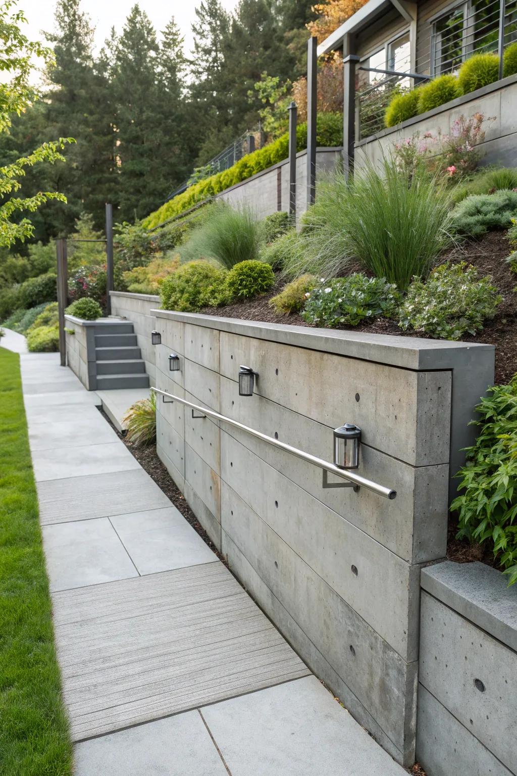 Concrete and metal fashion a bold industrial chic aesthetic.
