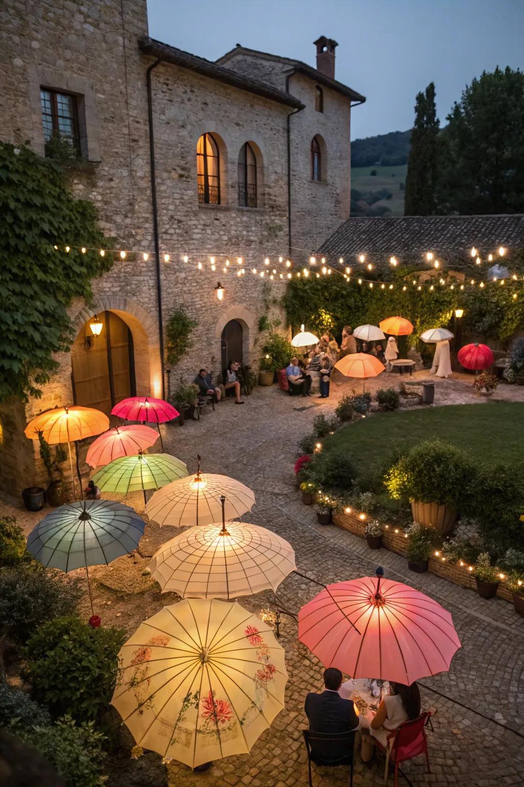 Illuminated parasols add a festive flair to the patio.