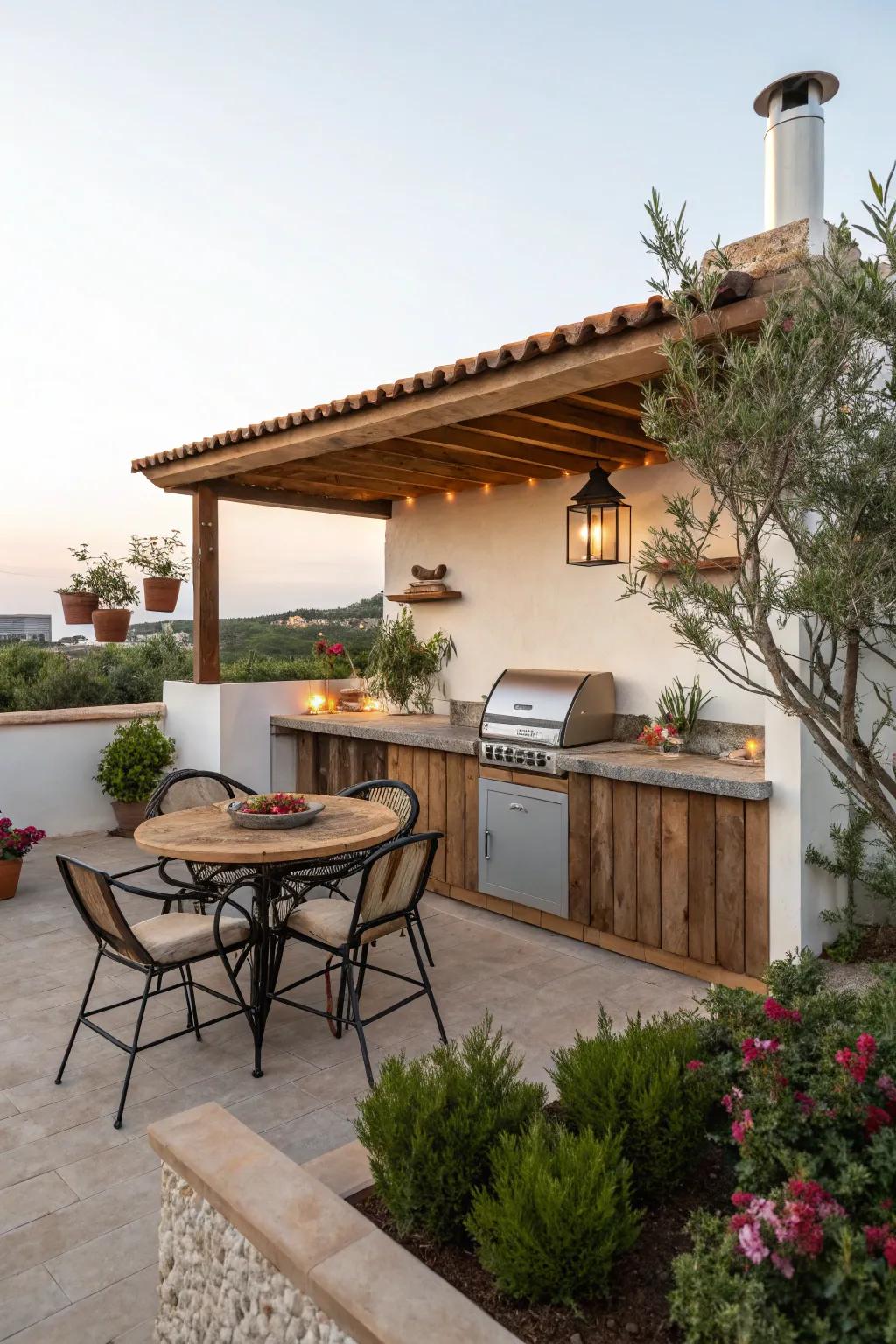 A cozy dining nook allows for intimate meals under the stars.
