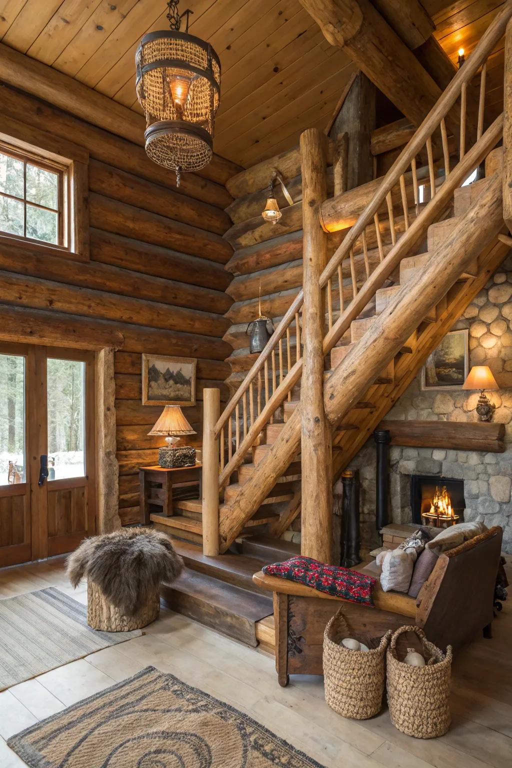 A log staircase adds a bold, rustic touch to the cabin's design, creating a stunning focal point.