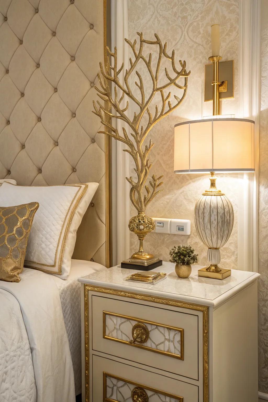 Gilt sculptures inject an artistic and personalized element to the setup.