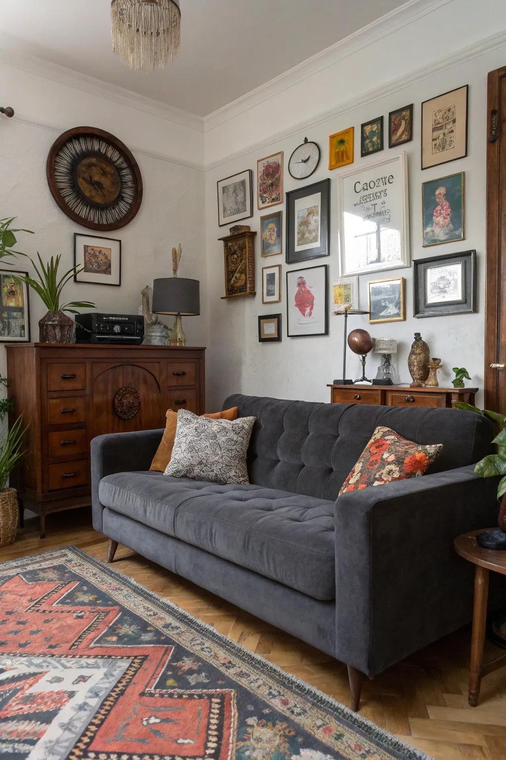 Eclecticism brings unparalleled charm and inventiveness to a gray couch setting.