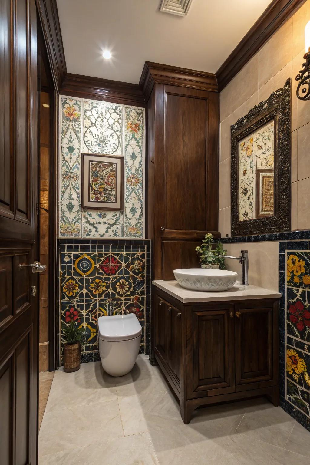 Theatric tiles add an unexpected flair to the mahogany bathroom.